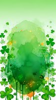 Watercolor shamrock clover background with green paint splashes and golden sparkles for St Patricks Day celebration design and Irish holiday decorations.