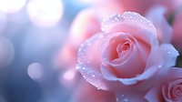 Delicate pink rose with morning dew drops against blurred bokeh background in soft blue tones, creating romantic and dreamy atmosphere for wedding and love themes.