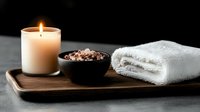 Spa wellness composition with burning aromatic candle, pink himalayan salt in ceramic bowl and white cotton towel on wooden tray against dark background.