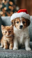 Adorable puppy wearing Santa hat sits next to orange kitten with Christmas tree bokeh lights in cozy holiday home setting for seasonal greeting cards.