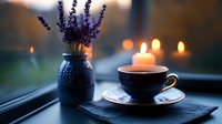 Cozy evening atmosphere with coffee cup, burning candles and lavender flowers in blue vase on windowsill against blurred bokeh lights background.