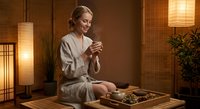 Serene blonde woman in white robe enjoying traditional tea ceremony in warm bamboo spa interior with soft lighting for wellness and relaxation concepts.