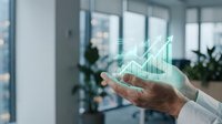 Mature male professional holding glowing upward trending graph hologram in modern office environment, representing financial growth, data analytics, and business success for corporate presentations.