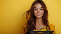 Young woman with long brown hair wearing yellow sweater holding fresh citrus fruits in dark bowl against vibrant yellow background, smiling warmly at camera.