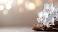 White orchid flowers on driftwood with soft bokeh lights background for spa wellness relaxation and natural beauty concepts.