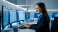 Professional businesswoman with headset working at multiple computer monitors in modern office environment for customer service and technical support.