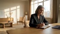 Mature woman with gray hair, Caucasian ethnicity, wearing professional black blazer, writing in notebook at wooden desk in modern office with natural light from large windows, contemporary furniture and minimalist decor.