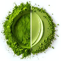 Green matcha tea powder and smooth paste split composition on white background showing powder texture and creamy consistency for culinary use.