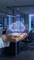 Businessman hand holding glowing cloud computing network hologram in modern office environment showcasing digital transformation and data connectivity.