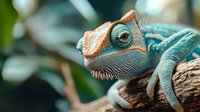 Vibrant turquoise chameleon with orange markings perched on tree branch, displaying distinctive eye and scaly texture in macro photography with soft bokeh background.