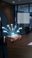 Businessman holding digital logistics network with connected transportation icons in modern office environment for supply chain management concepts.