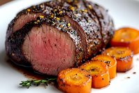 Juicy medium rare beef tenderloin roast with caramelized carrots, fresh herbs and coarse sea salt on white plate, close up view of sliced meat showing pink center.