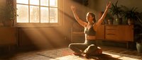 Young woman with light skin tone practicing yoga in sunny home interior, sitting in lotus position with arms raised in celebration, wearing sports bra and leggings on mat near window.