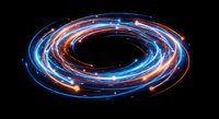 Glowing neon light trails forming circular spiral pattern with blue and orange colors on black background for futuristic technology design concepts.