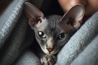 Adorable hairless sphynx cat with large ears and bright eyes nestled in soft gray knitted blanket looking directly at camera with curious expression.
