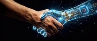 Human hand shaking with futuristic robotic hand in digital space with glowing circuit patterns and data streams representing AI collaboration.