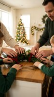 Family making Christmas wreath together at home with decorated tree and festive lights in background during holiday season preparation.