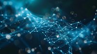 Abstract network of glowing dots and lines on dark background with bokeh effect in blue tones, representing digital connectivity and technology concept.