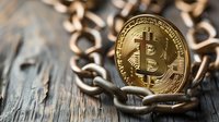 Golden bitcoin cryptocurrency coin with metal chain on wooden background, dramatic lighting and shallow depth of field for financial concept.