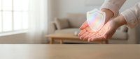 Caucasian male professional holding glowing shield icon representing cybersecurity, data protection, and digital safety in modern office environment.