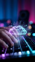 Hands typing on keyboard with glowing cloud computing hologram and circuit board patterns representing digital transformation and data storage technology.