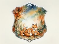 Watercolor fox family with cubs in decorative shield frame surrounded by autumn foliage and botanical elements on isolated white background.