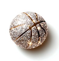 Basketball-shaped donut covered in powdered sugar and chocolate lines on white background, isolated food photography for menu and bakery marketing.
