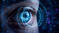 Futuristic digital eye with holographic interface and data streams for cybersecurity, artificial intelligence and biometric technology concepts.
