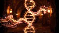 DNA double helix glowing with golden light trails, scientific visualization of genetic structure and molecular biology research for medical and educational purposes.