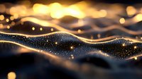 Abstract golden waves with glowing particles and bokeh effect on dark background create mesmerizing flowing pattern. Luxury design element for modern backgrounds.