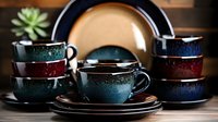 Artisanal ceramic coffee cups and saucers in deep teal, burgundy, and navy with speckled glaze finish arranged on wooden surface, succulent plant decoration.