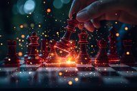 Dramatic chess game scene with glowing red pieces and magical light effects, hand moving king piece amid sparkling particles and bokeh on dark background.