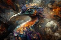 Mystical bird portrait with ornate swirling patterns in vibrant orange, blue, and purple hues against dramatic cloudy background, featuring detailed feathers and sharp beak.