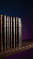 Row of antique leather-bound books on wooden shelf against dark purple background for vintage library and education concepts.