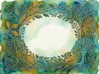 Watercolor botanical frame with oak leaves, acorns, and swirling branches in teal and gold tones, forming an oval copy space center.
