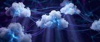 Glowing clouds connected by luminous blue lines on dark background, symbolizing cloud computing network and digital data transfer technology.
