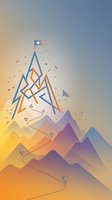 Abstract mountain peak with flag and geometric elements on gradient background for business success and achievement concepts.