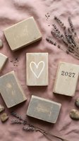 Wooden blocks with heart and date design arranged with dried lavender and stones on pink fabric background for wedding planning and event decoration.