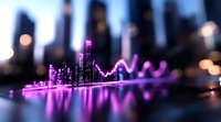 Glowing purple financial chart with city skyline silhouette in background creates futuristic visualization of market data and urban development trends.