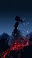 Silhouette of young woman in flowing dress against night sky, with magical red light streams and sparkles swirling around her, mountains in background.