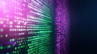 Digital matrix pattern with glowing purple and green dots on dark background, representing data visualization, technology and binary code flow.