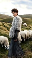 Young woman in gray faux fur coat and pleated dress standing among sheep on hillside pasture. Natural lighting and moody atmosphere create fashion editorial scene.