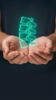 Male hands holding a glowing holographic spine model, symbolizing spinal health care, orthopedic treatment, and chiropractic medicine concepts.