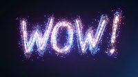 Glowing neon text WOW with sparkle effect and light particles on dark blue background, luminous lettering with magical glitter and shine for social media.