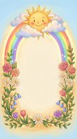 Cheerful sun with rainbow and floral border frame featuring roses, daisies, tulips and leaves on pastel background for greeting cards and invitations.