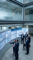 Business team analyzing data on large digital display screens in modern corporate office environment for strategic planning and decision making.
