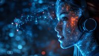 Profile view of glowing digital face with circuit patterns and neural connections in blue and orange tones against dark background, wearing futuristic headphones.