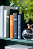 Books arranged on green shelf with decorative glass bottle, soft natural lighting and green foliage background creates scholarly atmosphere.