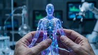 Scientist holding glowing holographic human body model in laboratory environment, representing medical research, healthcare innovation, and digital technology advancement for scientific studies.