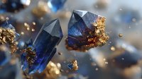 Blue crystal formations with golden mineral deposits against blurred background, showcasing natural gemstone structures in macro photography.